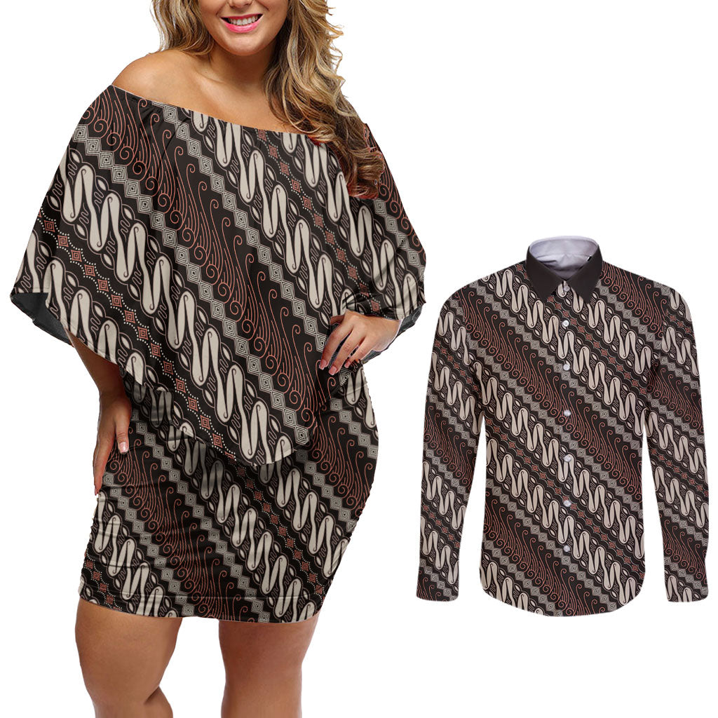 Yogyakarta Parang Batik Motifs Couples Matching Off Shoulder Short Dress and Long Sleeve Button Shirt Indonesian Traditional Pattern