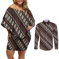 Yogyakarta Parang Batik Motifs Couples Matching Off Shoulder Short Dress and Long Sleeve Button Shirt Indonesian Traditional Pattern