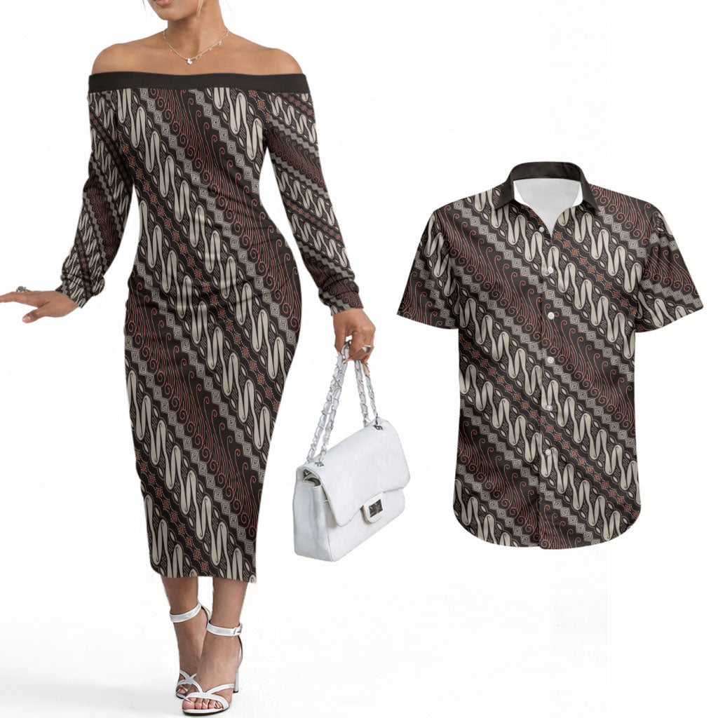 Yogyakarta Parang Batik Motifs Couples Matching Off The Shoulder Long Sleeve Dress and Hawaiian Shirt Indonesian Traditional Pattern LT01 Brown - Polynesian Pride