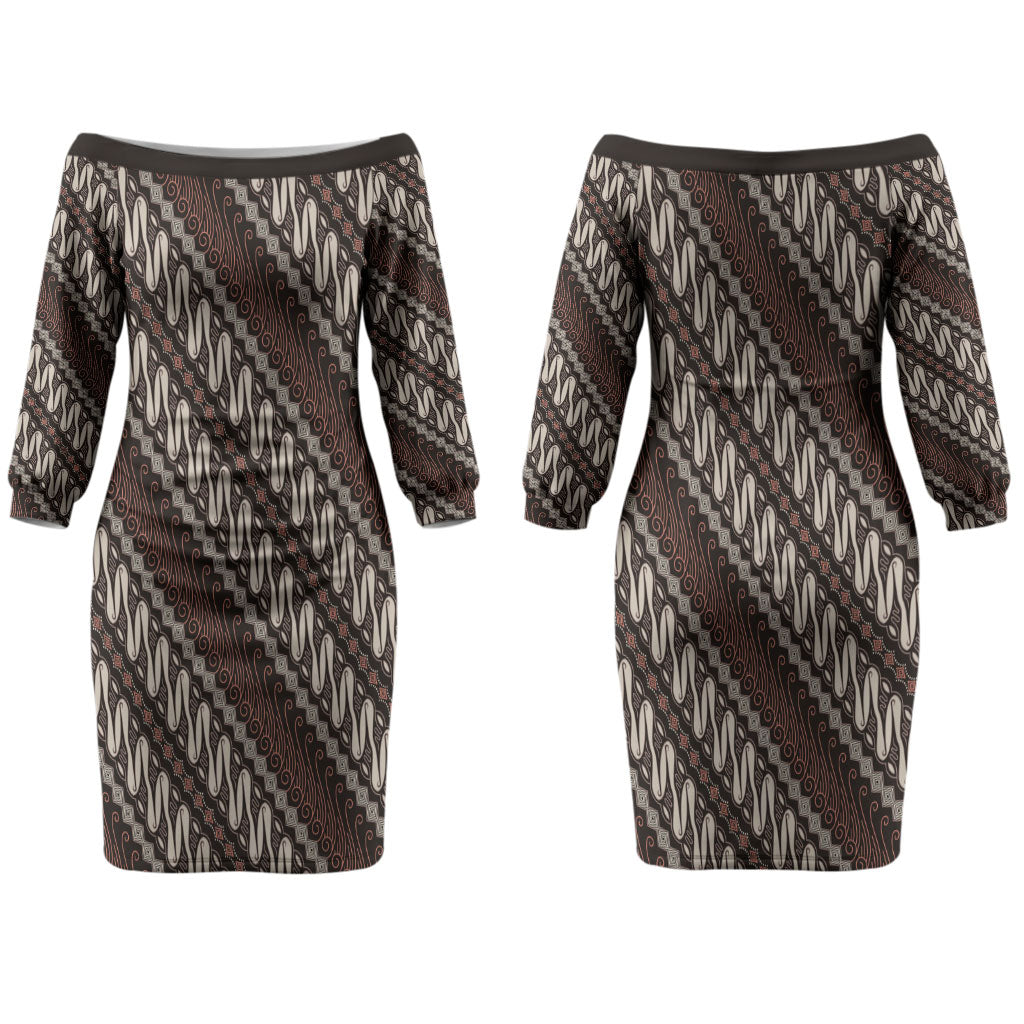 Yogyakarta Parang Batik Motifs Couples Matching Off The Shoulder Long Sleeve Dress and Hawaiian Shirt Indonesian Traditional Pattern LT01 - Polynesian Pride