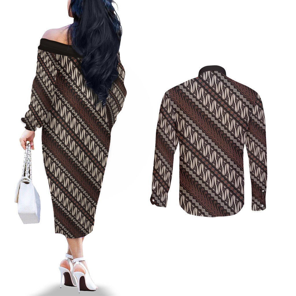 Yogyakarta Parang Batik Motifs Couples Matching Off The Shoulder Long Sleeve Dress and Long Sleeve Button Shirt Indonesian Traditional Pattern