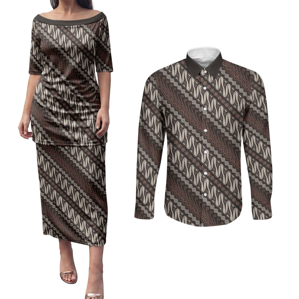 Yogyakarta Parang Batik Motifs Couples Matching Puletasi and Long Sleeve Button Shirt Indonesian Traditional Pattern LT01 Brown - Polynesian Pride