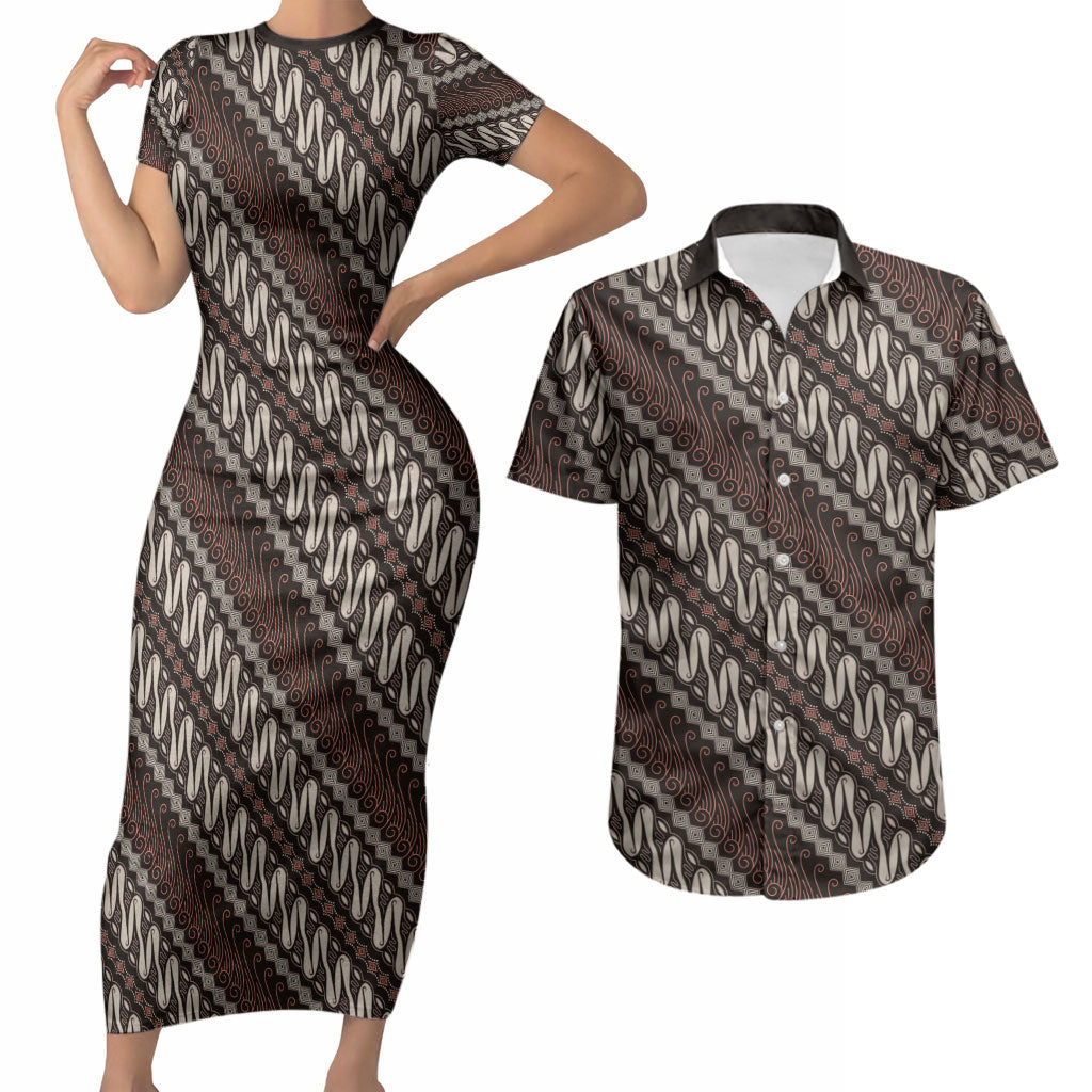 Yogyakarta Parang Batik Motifs Couples Matching Short Sleeve Bodycon Dress and Hawaiian Shirt Indonesian Traditional Pattern LT01 Brown - Polynesian Pride