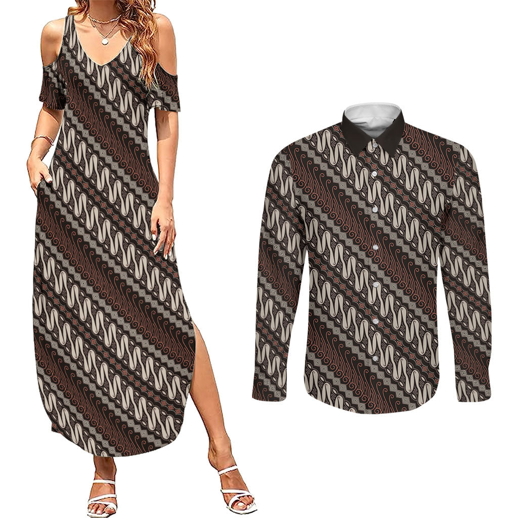 Yogyakarta Parang Batik Motifs Couples Matching Summer Maxi Dress and Long Sleeve Button Shirt Indonesian Traditional Pattern
