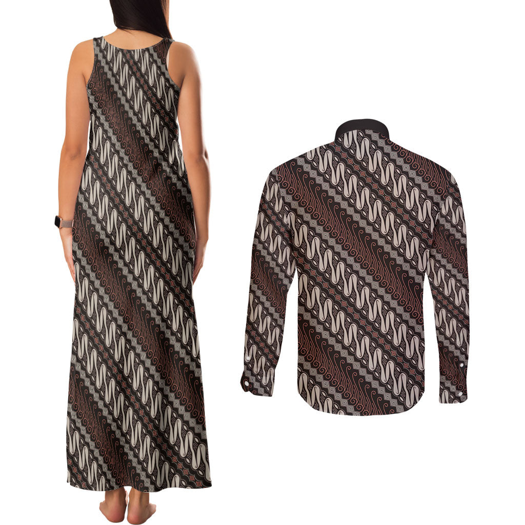 Yogyakarta Parang Batik Motifs Couples Matching Tank Maxi Dress and Long Sleeve Button Shirt Indonesian Traditional Pattern