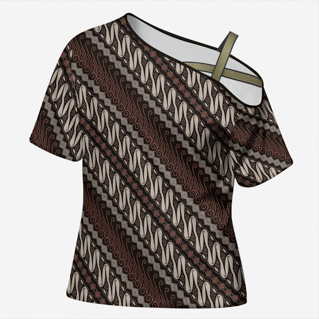 Yogyakarta Parang Batik Motifs Cross Shoulder Shirt Indonesian Traditional Pattern LT01 Female Brown - Polynesian Pride