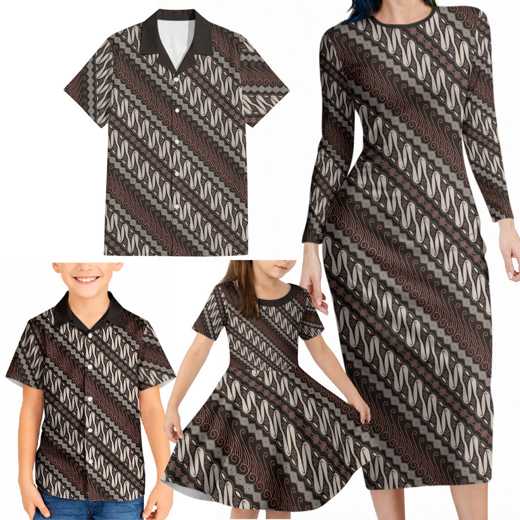 Yogyakarta Parang Batik Motifs Family Matching Long Sleeve Bodycon Dress and Hawaiian Shirt Indonesian Traditional Pattern LT01 - Polynesian Pride