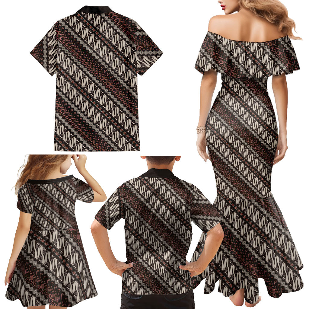 Yogyakarta Parang Batik Motifs Family Matching Mermaid Dress and Hawaiian Shirt Indonesian Traditional Pattern