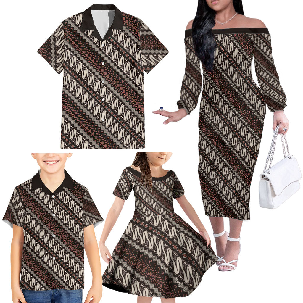 Yogyakarta Parang Batik Motifs Family Matching Off The Shoulder Long Sleeve Dress and Hawaiian Shirt Indonesian Traditional Pattern