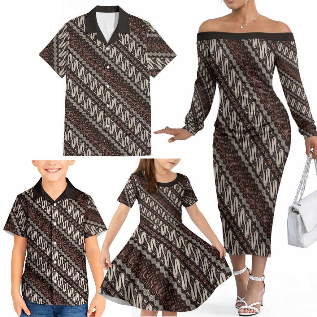 Yogyakarta Parang Batik Motifs Family Matching Off The Shoulder Long Sleeve Dress and Hawaiian Shirt Indonesian Traditional Pattern LT01 - Polynesian Pride