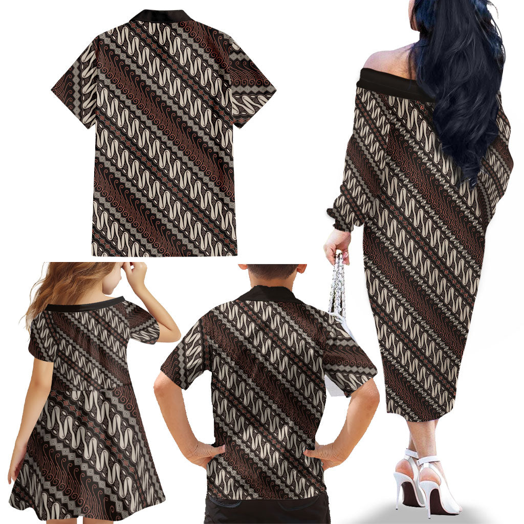 Yogyakarta Parang Batik Motifs Family Matching Off The Shoulder Long Sleeve Dress and Hawaiian Shirt Indonesian Traditional Pattern