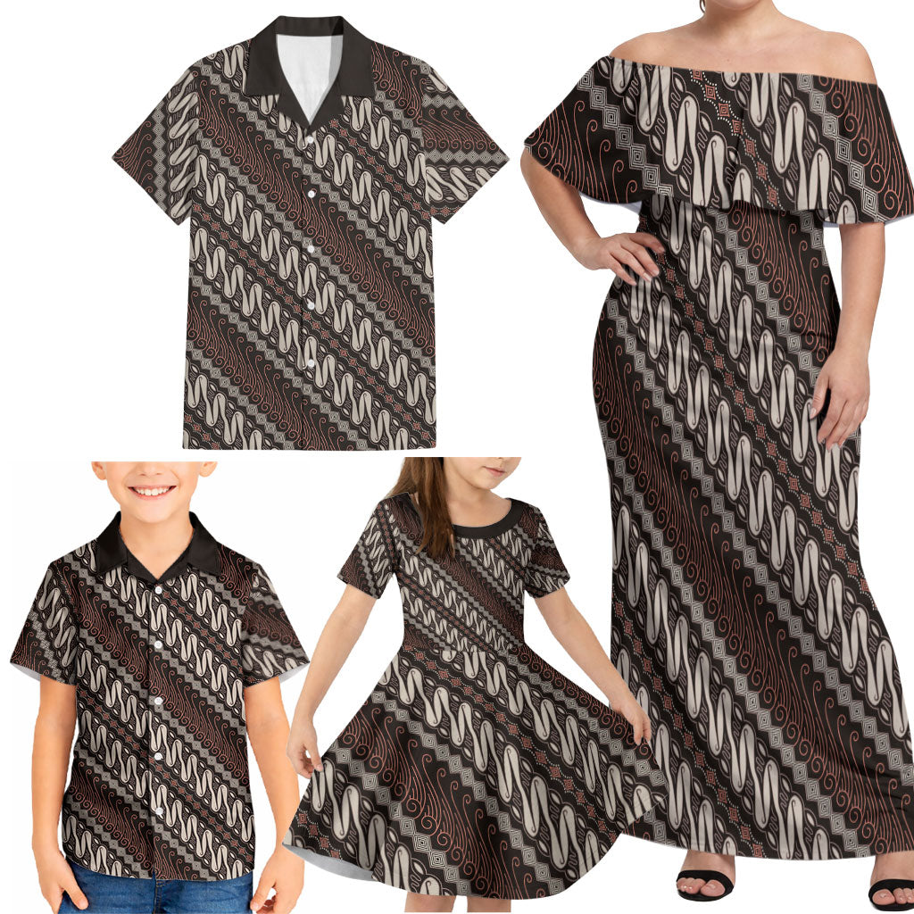 Yogyakarta Parang Batik Motifs Family Matching Off Shoulder Maxi Dress and Hawaiian Shirt Indonesian Traditional Pattern LT01 - Polynesian Pride