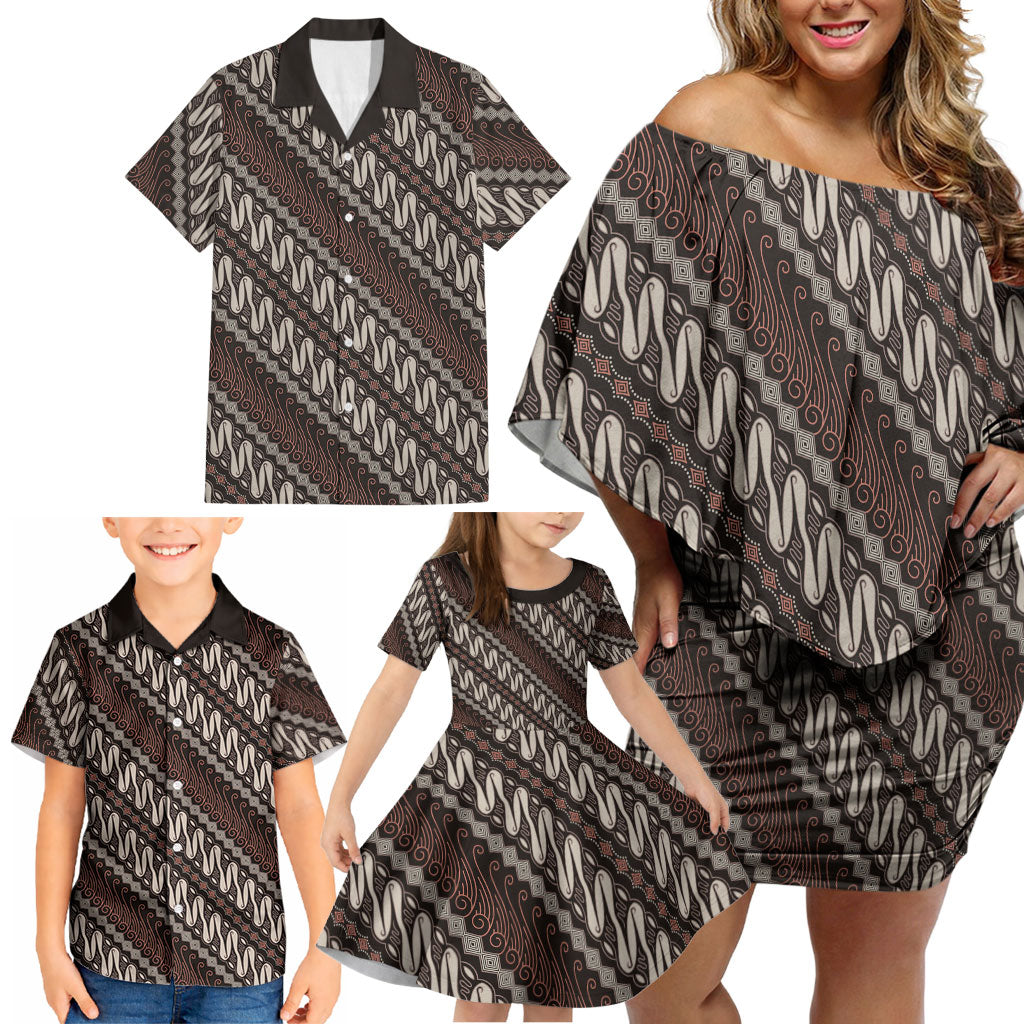 Yogyakarta Parang Batik Motifs Family Matching Off Shoulder Short Dress and Hawaiian Shirt Indonesian Traditional Pattern LT01 - Polynesian Pride
