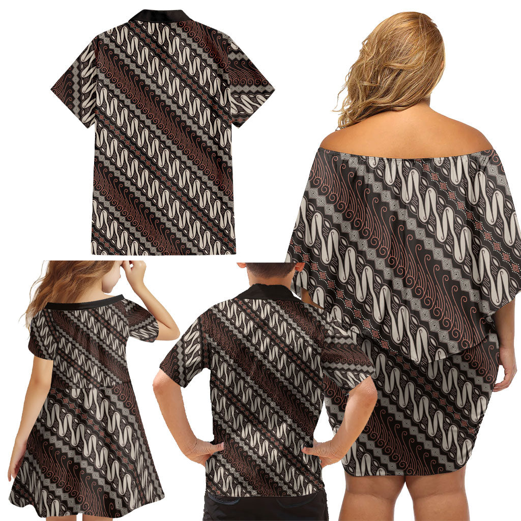 Yogyakarta Parang Batik Motifs Family Matching Off Shoulder Short Dress and Hawaiian Shirt Indonesian Traditional Pattern