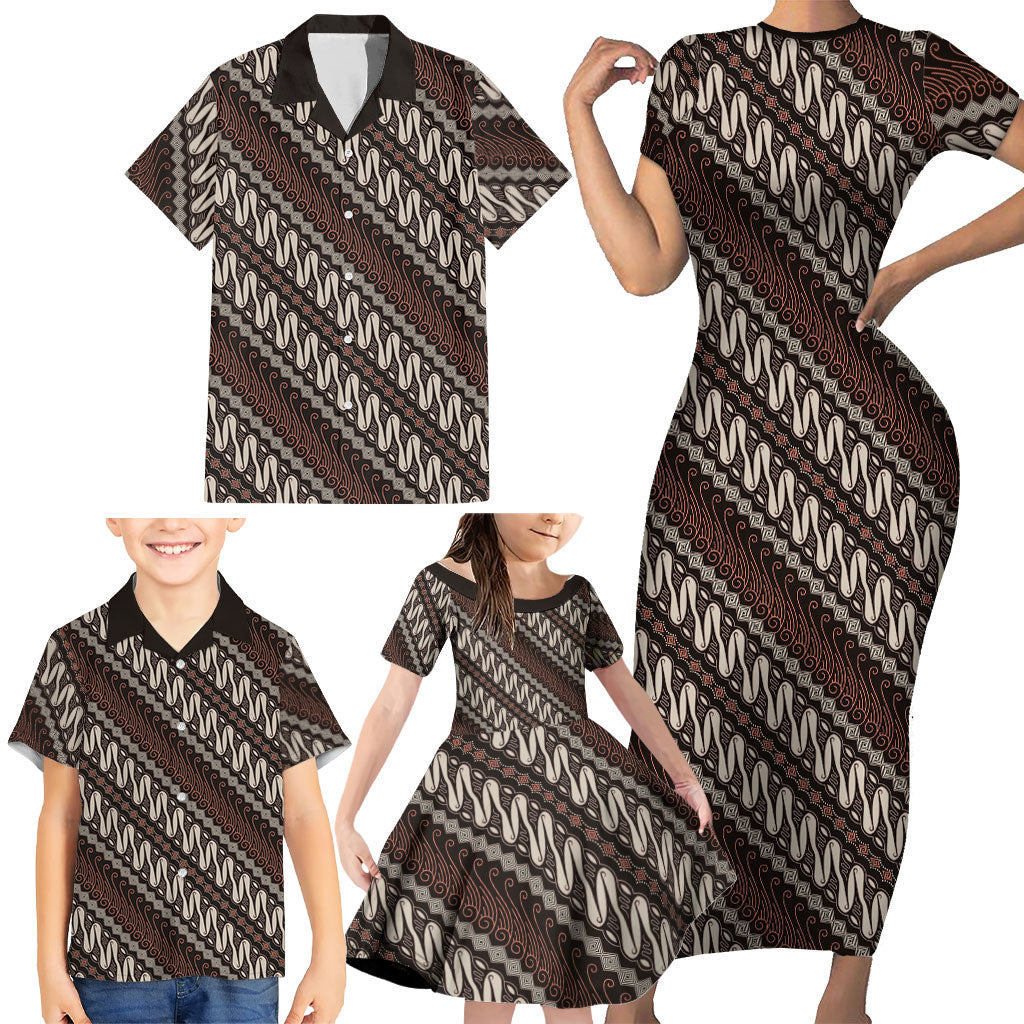 Yogyakarta Parang Batik Motifs Family Matching Short Sleeve Bodycon Dress and Hawaiian Shirt Indonesian Traditional Pattern
