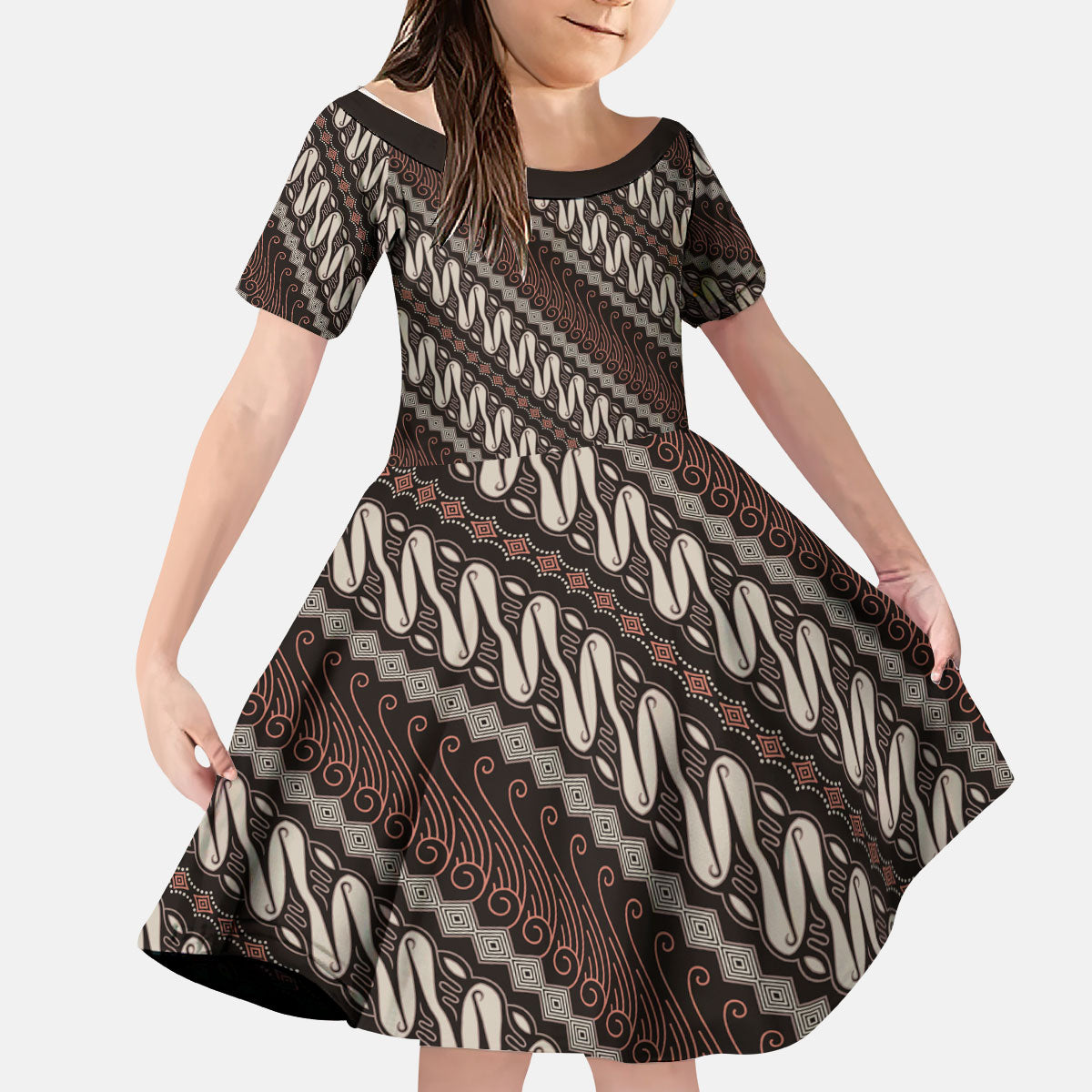 Yogyakarta Parang Batik Motifs Kid Short Sleeve Dress Indonesian Traditional Pattern