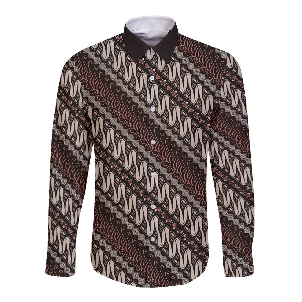 Yogyakarta Parang Batik Motifs Long Sleeve Button Shirt Indonesian Traditional Pattern LT01 Unisex Brown - Polynesian Pride
