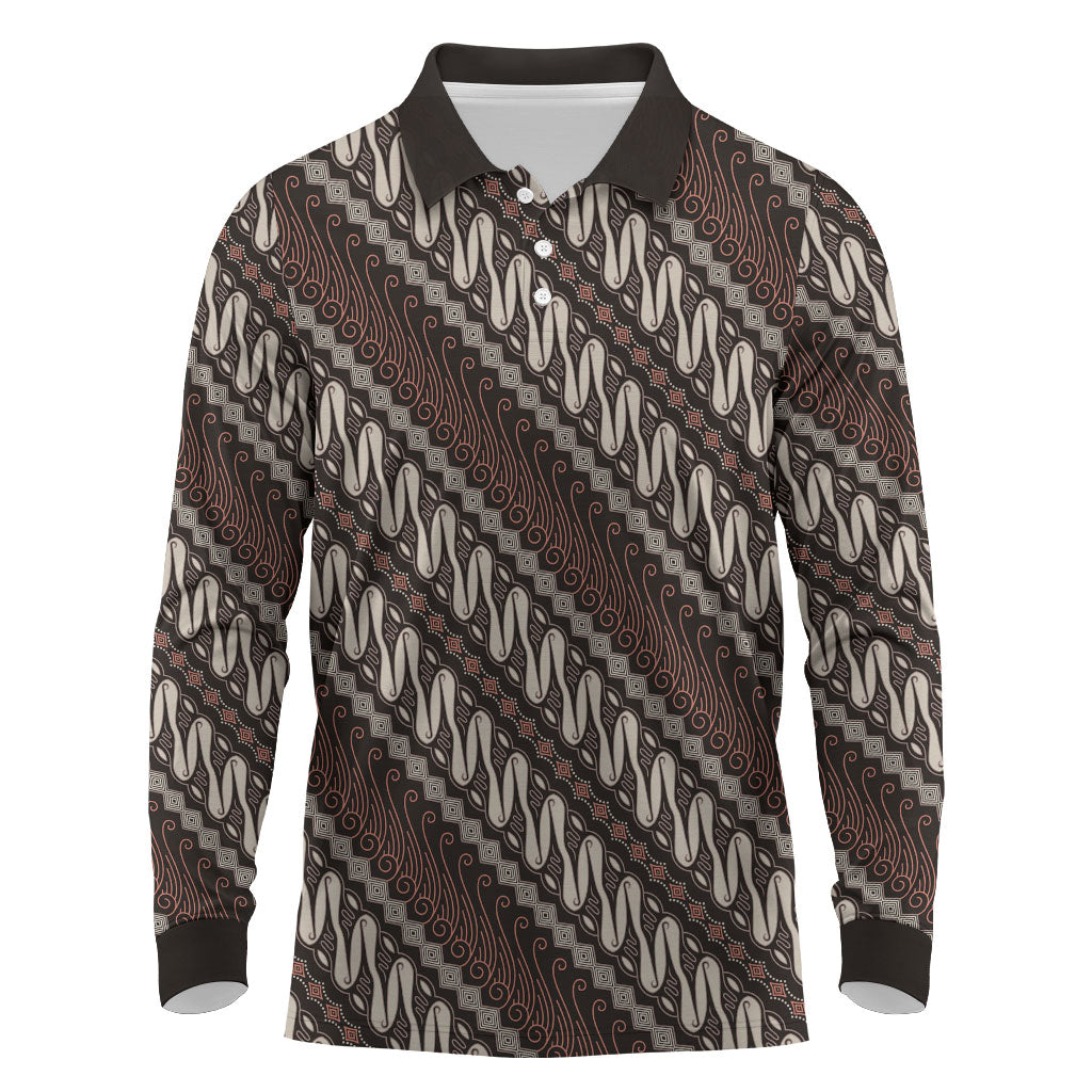 Yogyakarta Parang Batik Motifs Long Sleeve Polo Shirt Indonesian Traditional Pattern LT01 Brown - Polynesian Pride