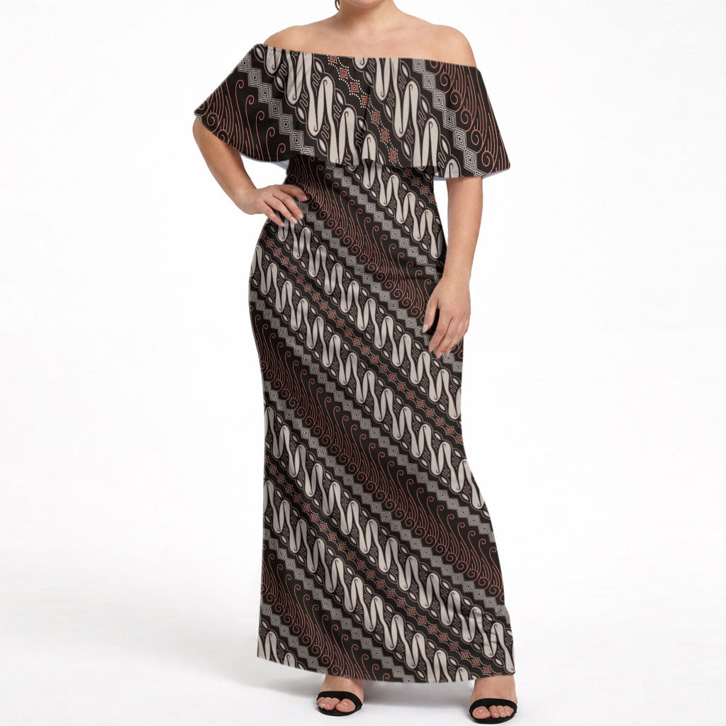 Yogyakarta Parang Batik Motifs Off Shoulder Maxi Dress Indonesian Traditional Pattern LT01 Women Brown - Polynesian Pride