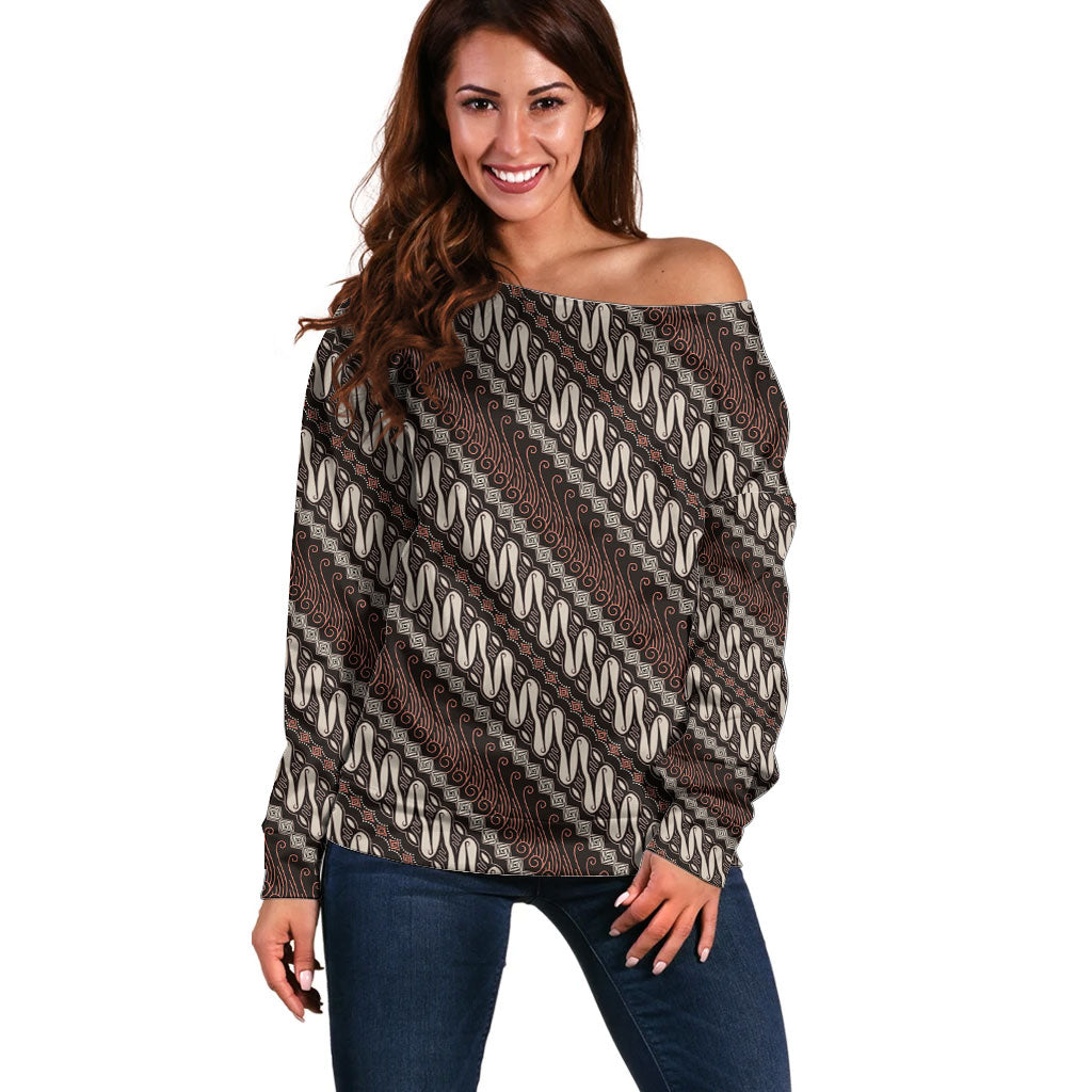Yogyakarta Parang Batik Motifs Off Shoulder Sweater Indonesian Traditional Pattern LT01 Women Brown - Polynesian Pride