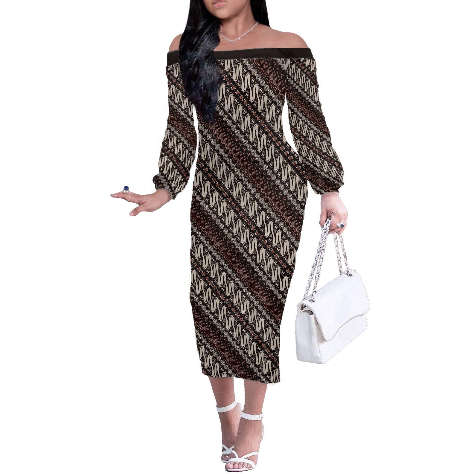 Yogyakarta Parang Batik Motifs Off The Shoulder Long Sleeve Dress Indonesian Traditional Pattern LT01 Women Brown - Polynesian Pride