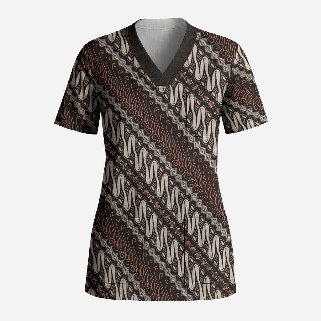 Yogyakarta Parang Batik Motifs Scrub Top Indonesian Traditional Pattern