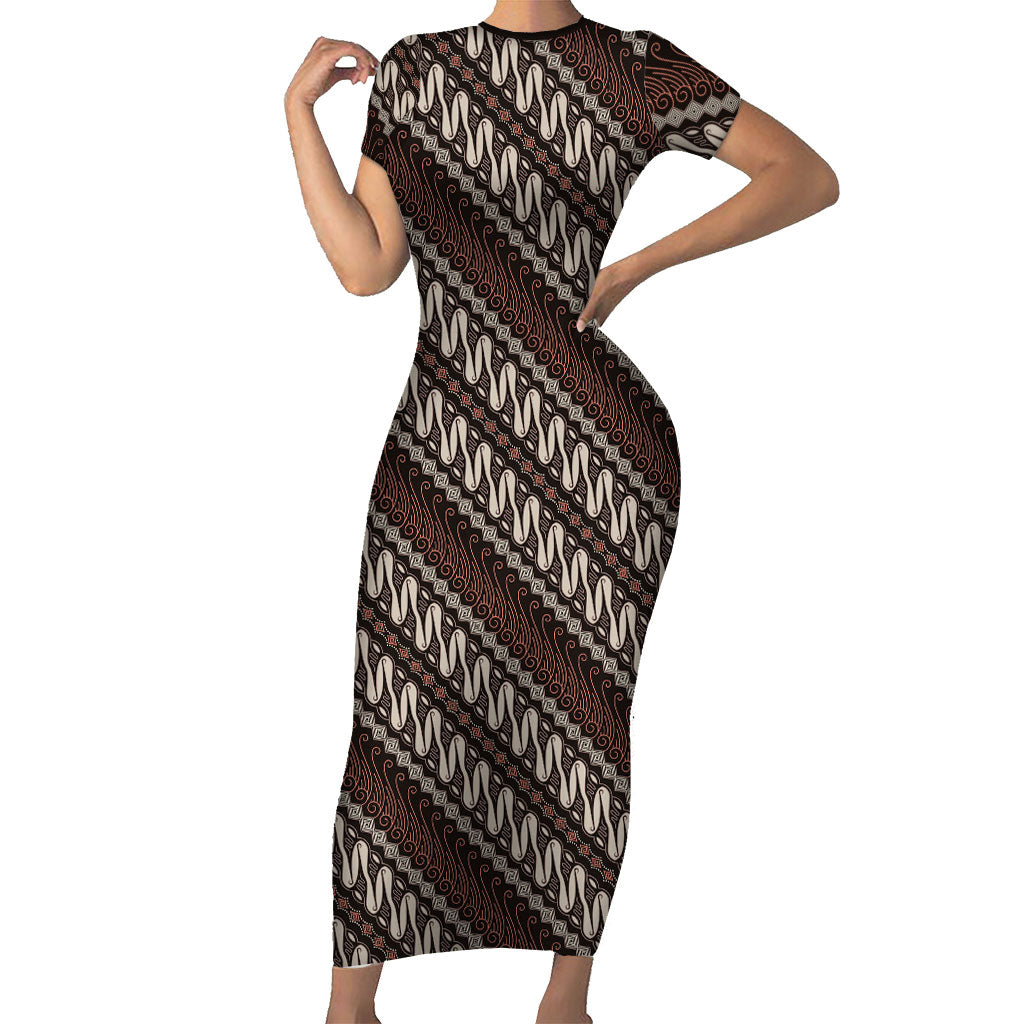 Yogyakarta Parang Batik Motifs Short Sleeve Bodycon Dress Indonesian Traditional Pattern LT01 Long Dress Brown - Polynesian Pride
