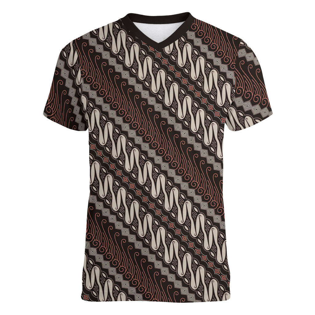 Yogyakarta Parang Batik Motifs Women V-Neck T-Shirt Indonesian Traditional Pattern LT01 Female Brown - Polynesian Pride