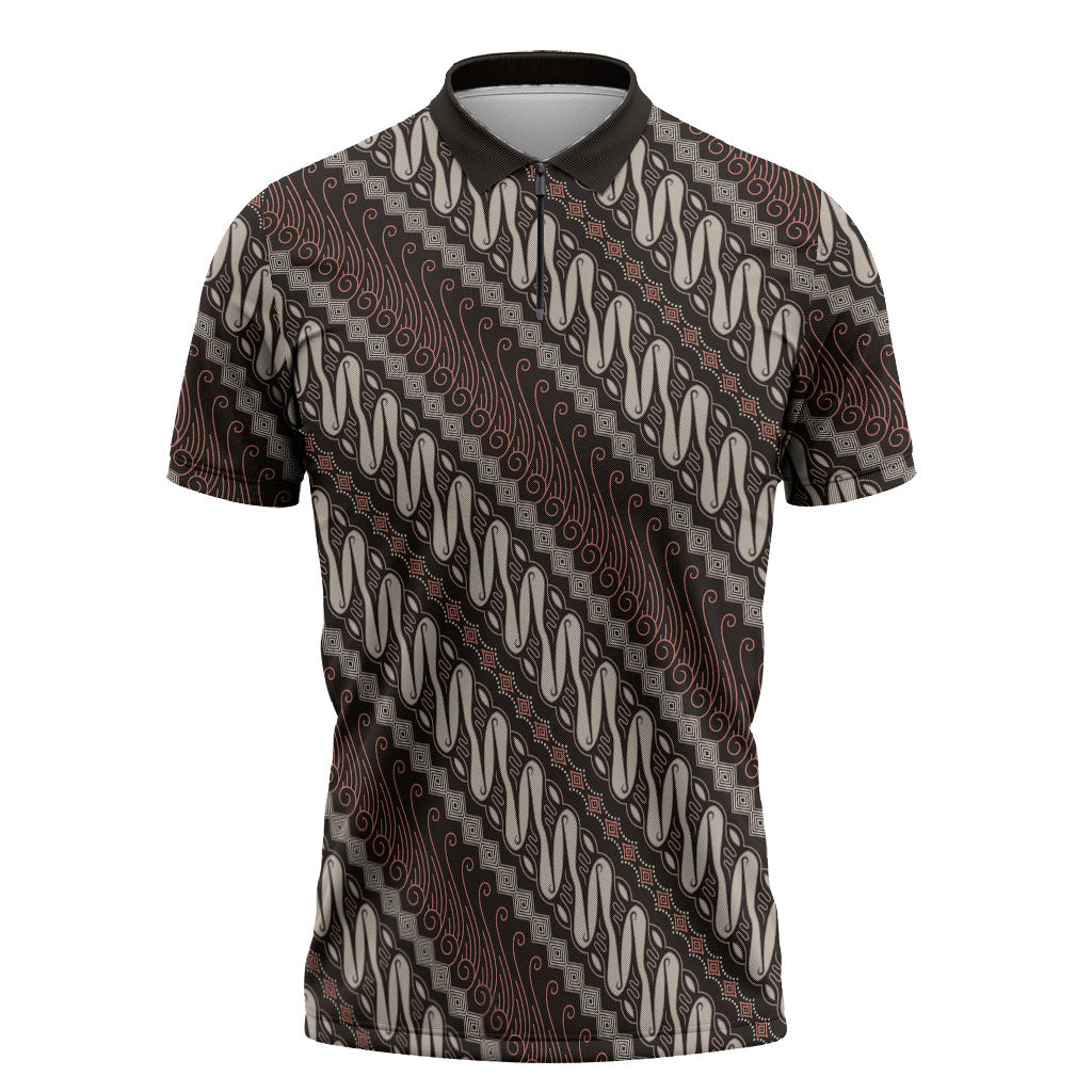 Yogyakarta Parang Batik Motifs Zipper Polo Shirt Indonesian Traditional Pattern