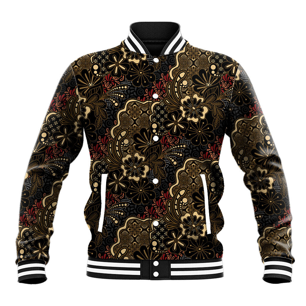 Batik Sekar Jagad Baseball Jacket Indonesian Traditional Pattern LT01 Unisex Black - Polynesian Pride