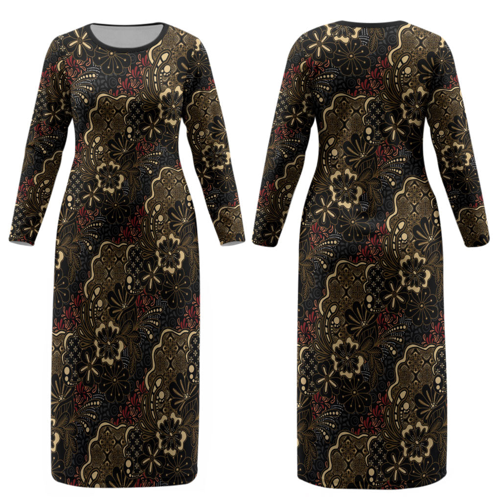 Batik Sekar Jagad Couples Matching Long Sleeve Bodycon Dress and Hawaiian Shirt Indonesian Traditional Pattern LT01 - Polynesian Pride