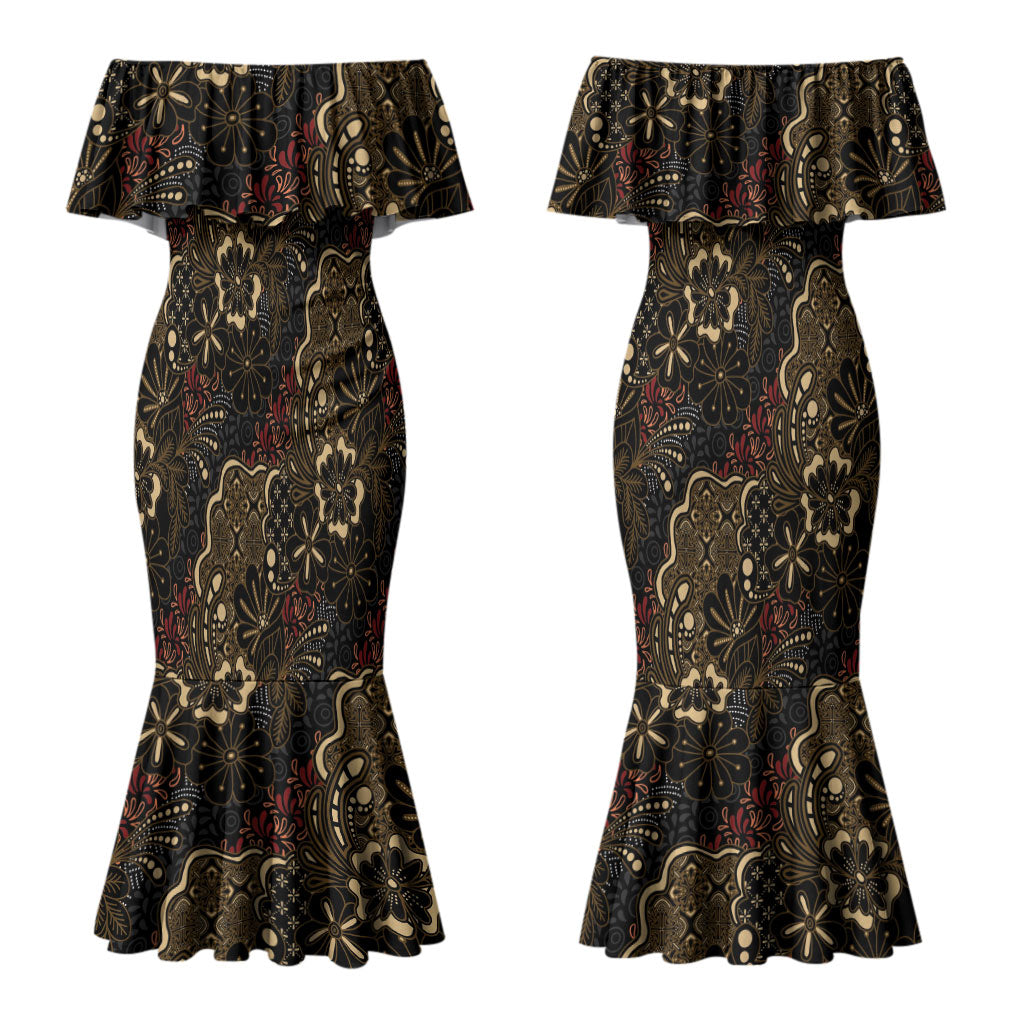 Batik Sekar Jagad Couples Matching Mermaid Dress and Long Sleeve Button Shirt Indonesian Traditional Pattern LT01 - Polynesian Pride