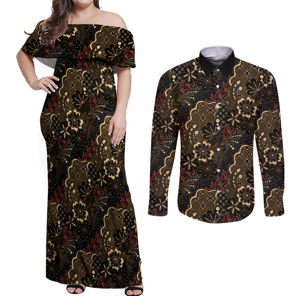 Batik Sekar Jagad Couples Matching Off Shoulder Maxi Dress and Long Sleeve Button Shirt Indonesian Traditional Pattern