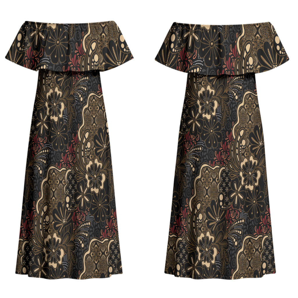 Batik Sekar Jagad Couples Matching Off Shoulder Maxi Dress and Long Sleeve Button Shirt Indonesian Traditional Pattern LT01 - Polynesian Pride