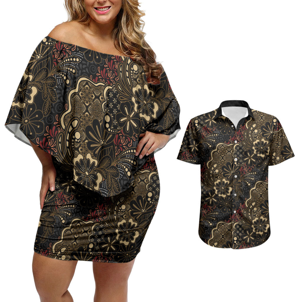 Batik Sekar Jagad Couples Matching Off Shoulder Short Dress and Hawaiian Shirt Indonesian Traditional Pattern LT01 Black - Polynesian Pride