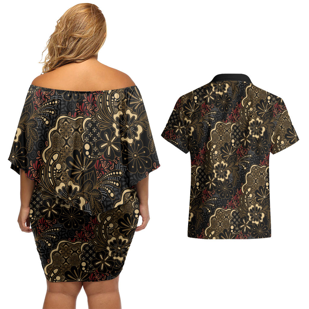 Batik Sekar Jagad Couples Matching Off Shoulder Short Dress and Hawaiian Shirt Indonesian Traditional Pattern