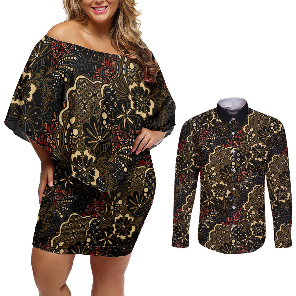 Batik Sekar Jagad Couples Matching Off Shoulder Short Dress and Long Sleeve Button Shirt Indonesian Traditional Pattern
