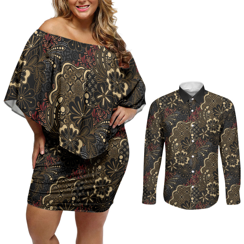 Batik Sekar Jagad Couples Matching Off Shoulder Short Dress and Long Sleeve Button Shirt Indonesian Traditional Pattern LT01 Black - Polynesian Pride
