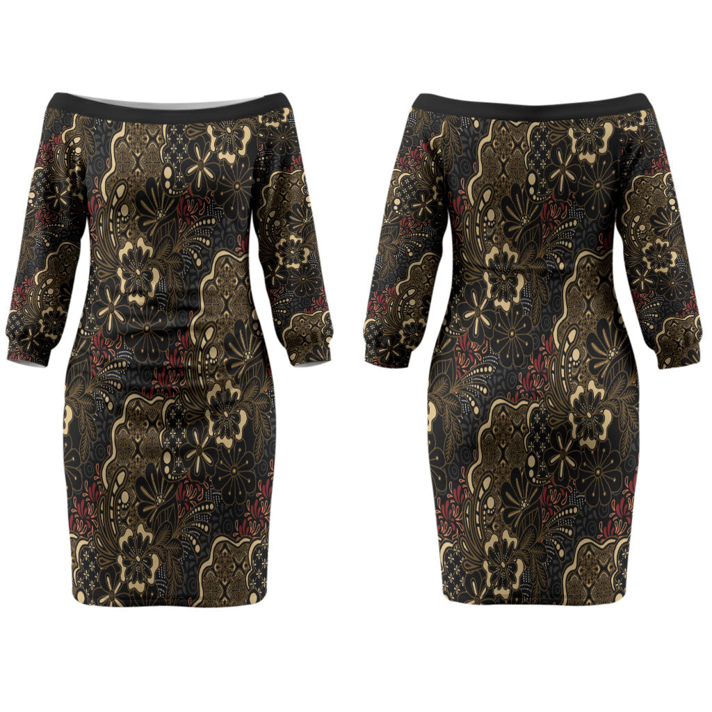 Batik Sekar Jagad Couples Matching Off The Shoulder Long Sleeve Dress and Hawaiian Shirt Indonesian Traditional Pattern LT01 - Polynesian Pride