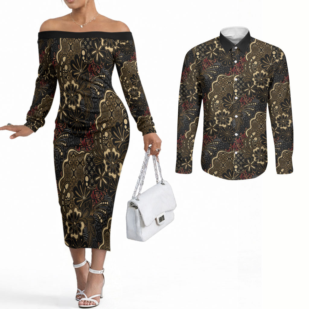 Batik Sekar Jagad Couples Matching Off The Shoulder Long Sleeve Dress and Long Sleeve Button Shirt Indonesian Traditional Pattern LT01 Black - Polynesian Pride
