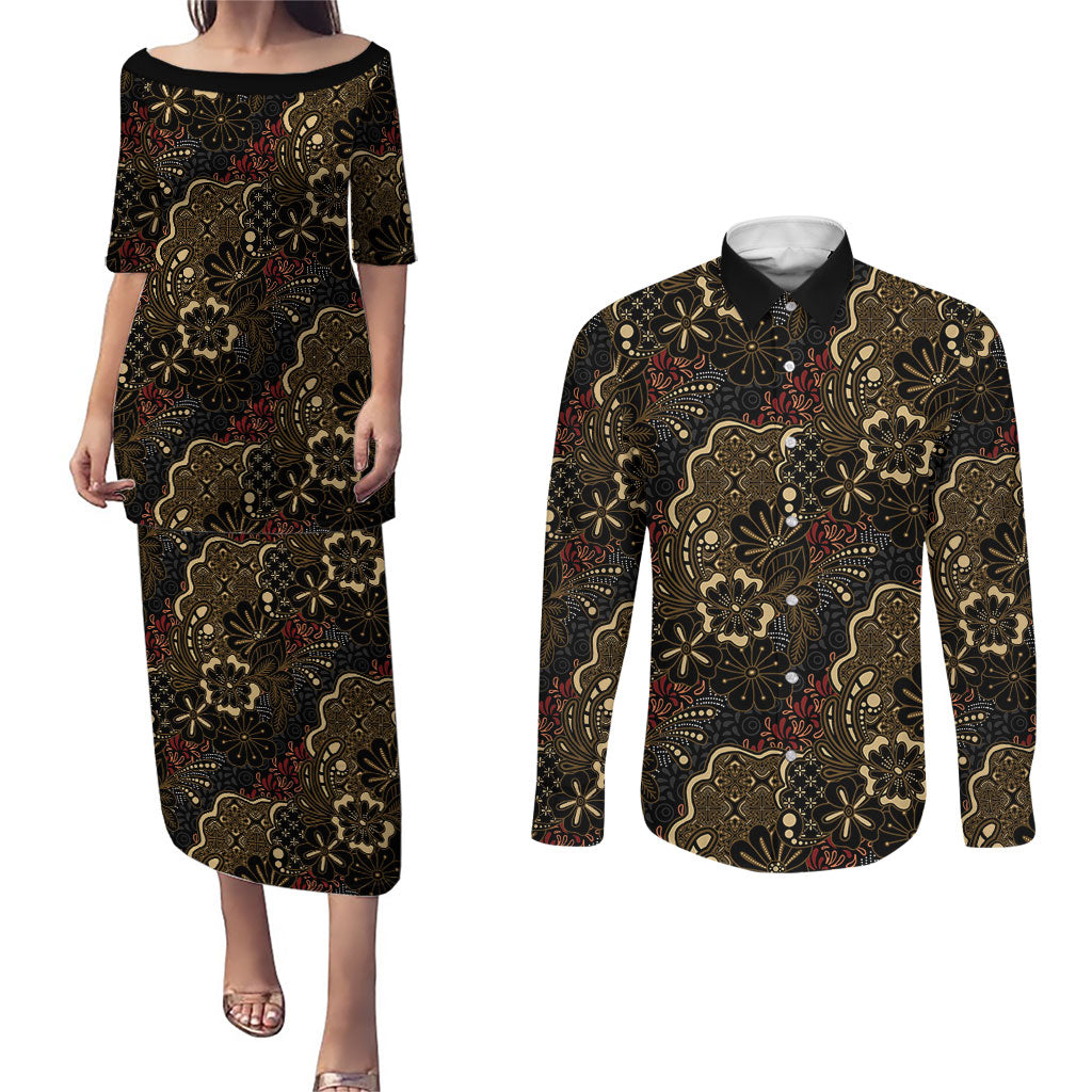 Batik Sekar Jagad Couples Matching Puletasi and Long Sleeve Button Shirt Indonesian Traditional Pattern