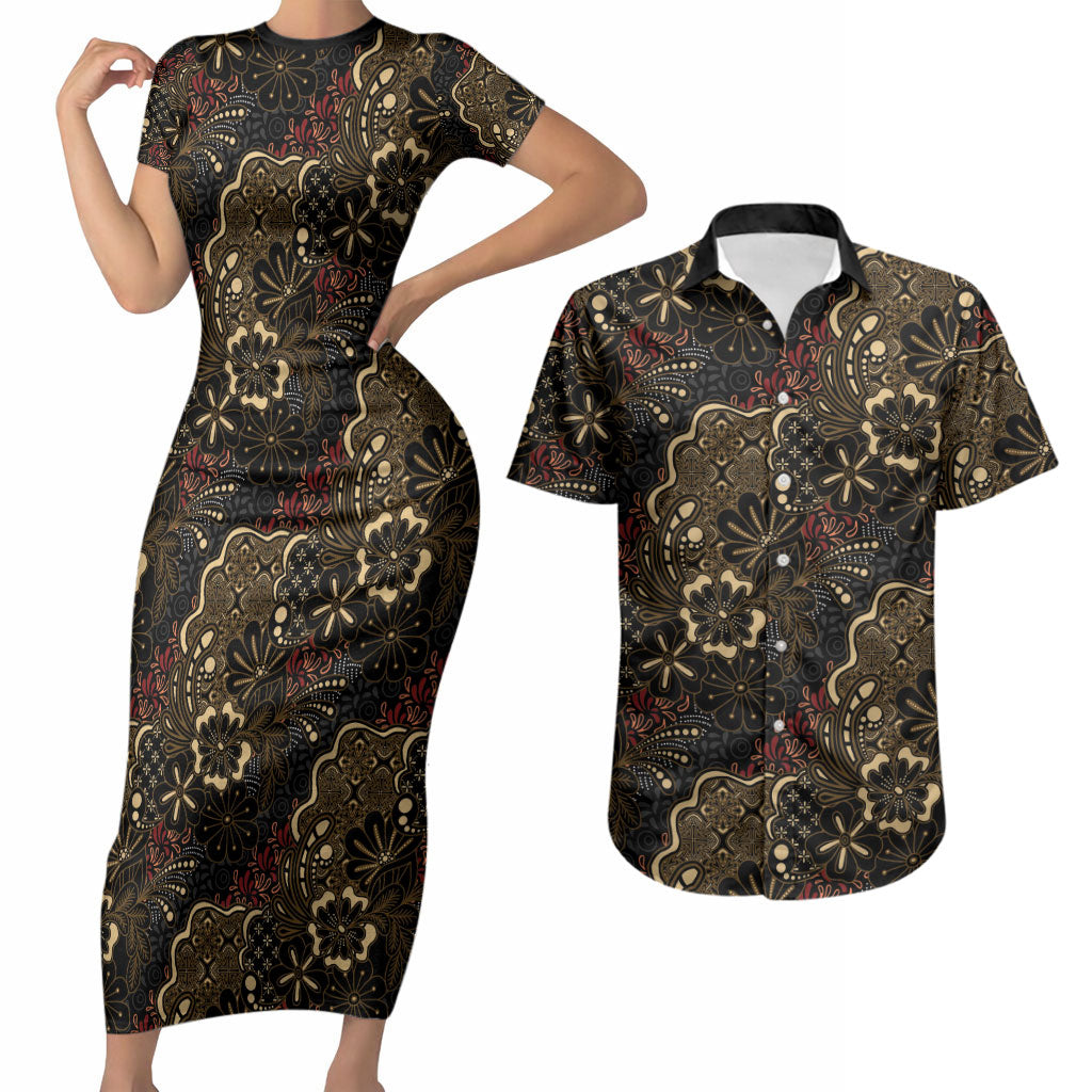Batik Sekar Jagad Couples Matching Short Sleeve Bodycon Dress and Hawaiian Shirt Indonesian Traditional Pattern LT01 Black - Polynesian Pride