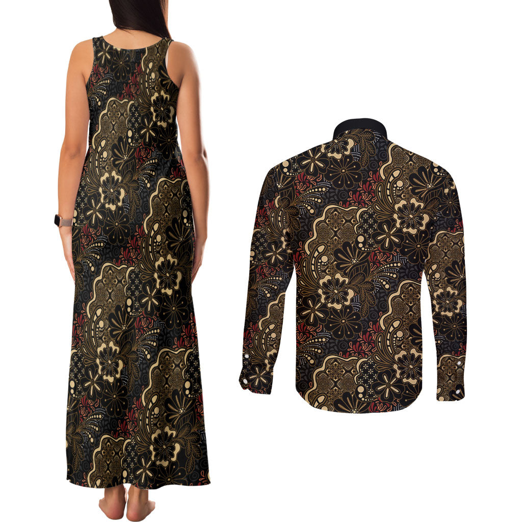 Batik Sekar Jagad Couples Matching Tank Maxi Dress and Long Sleeve Button Shirt Indonesian Traditional Pattern