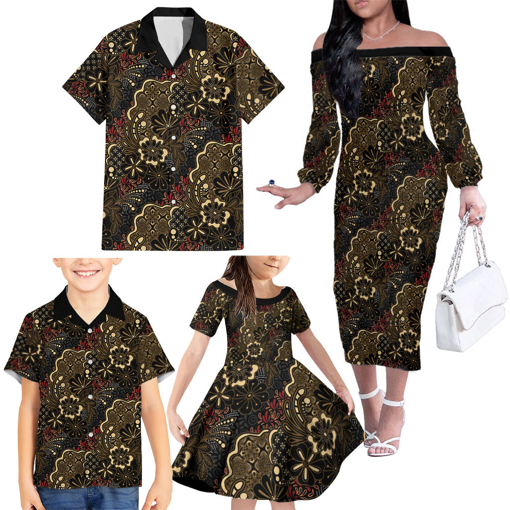 Batik Sekar Jagad Family Matching Off The Shoulder Long Sleeve Dress and Hawaiian Shirt Indonesian Traditional Pattern