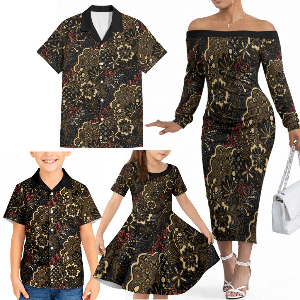 Batik Sekar Jagad Family Matching Off The Shoulder Long Sleeve Dress and Hawaiian Shirt Indonesian Traditional Pattern LT01 - Polynesian Pride