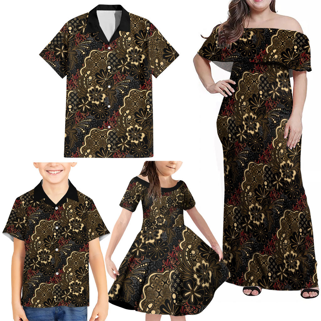 Batik Sekar Jagad Family Matching Off Shoulder Maxi Dress and Hawaiian Shirt Indonesian Traditional Pattern