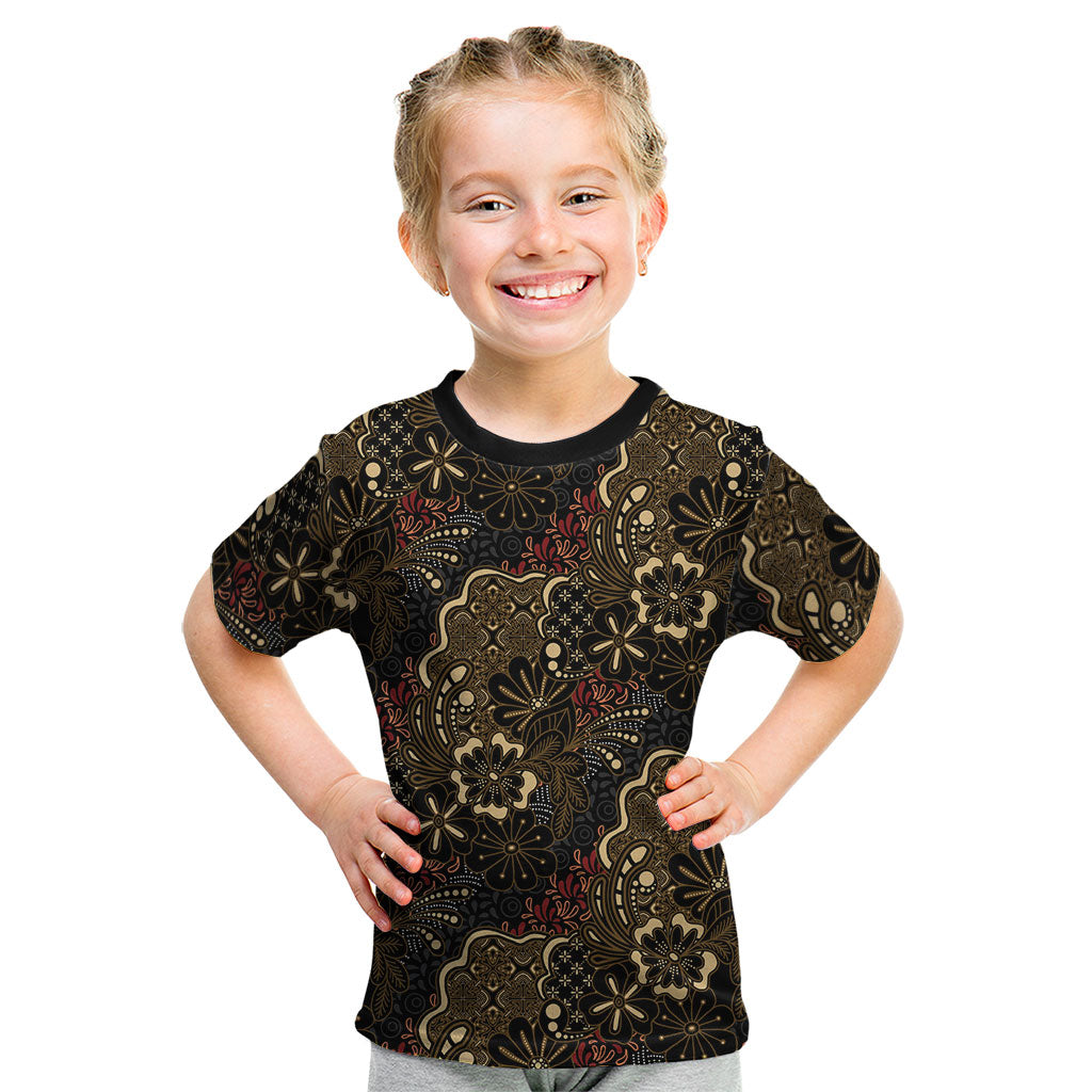 Batik Sekar Jagad Kid T Shirt Indonesian Traditional Pattern LT01 Black - Polynesian Pride