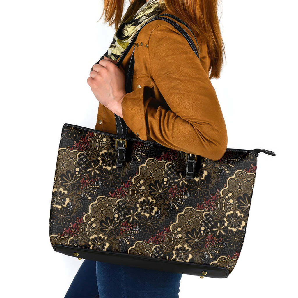 Batik Sekar Jagad Leather Tote Bag Indonesian Traditional Pattern LT01 Black - Polynesian Pride