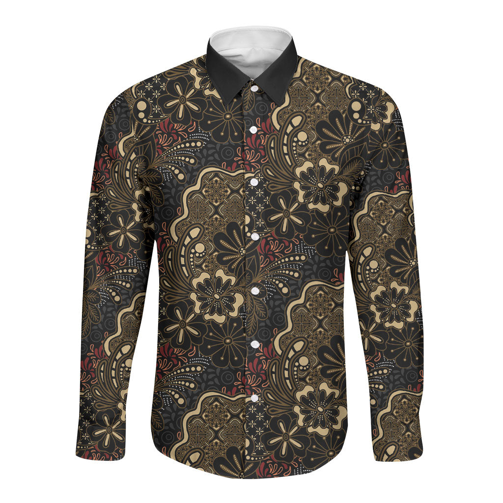 Batik Sekar Jagad Long Sleeve Button Shirt Indonesian Traditional Pattern LT01 Unisex Black - Polynesian Pride