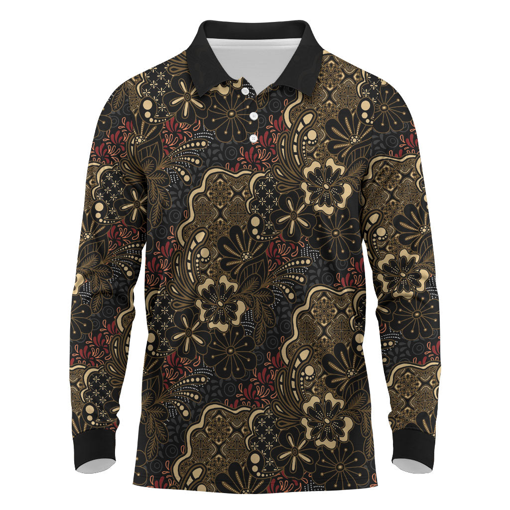 Batik Sekar Jagad Long Sleeve Polo Shirt Indonesian Traditional Pattern LT01 Black - Polynesian Pride